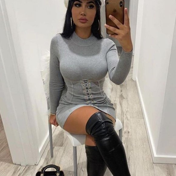 LAST MEDIUM Heather Gray Lace Up Corset Long Sleeve Mini Sweater Dress - Picture 5 of 7